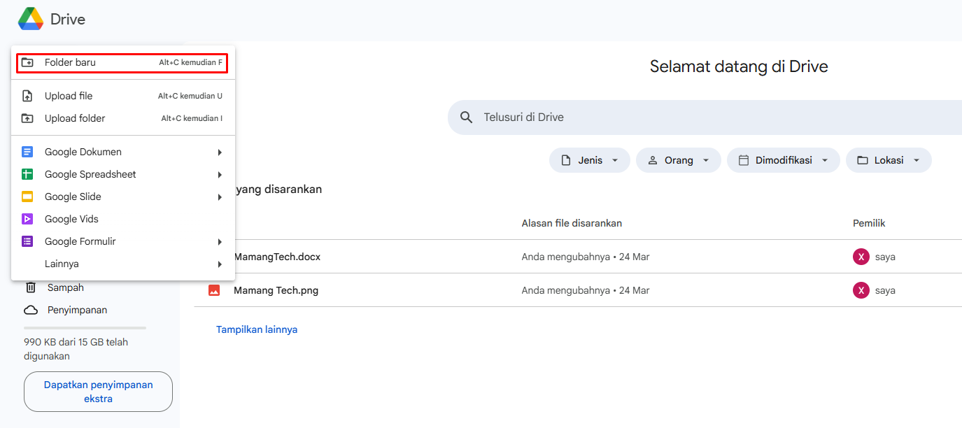 Cara buat Folder Baru di Google Drive