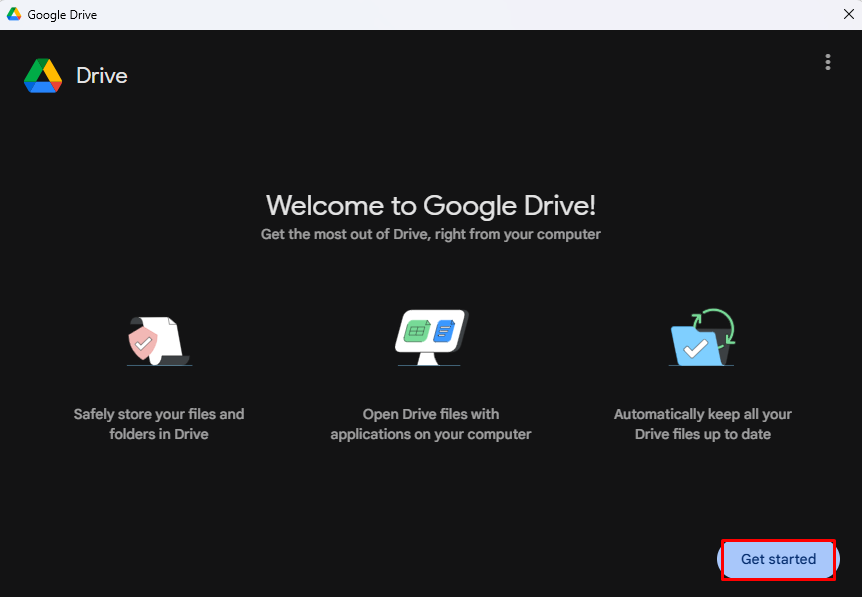 Halaman welcome Google Drive for Desktop di Windows 11
